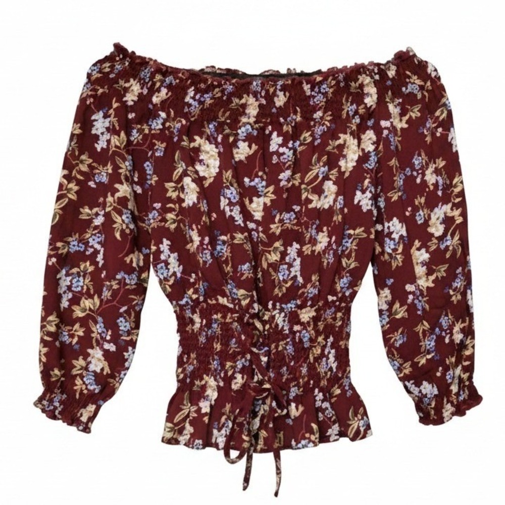 Papermoon Burgundy Off The Shoulder Cinched Waist Floral Top Size Small